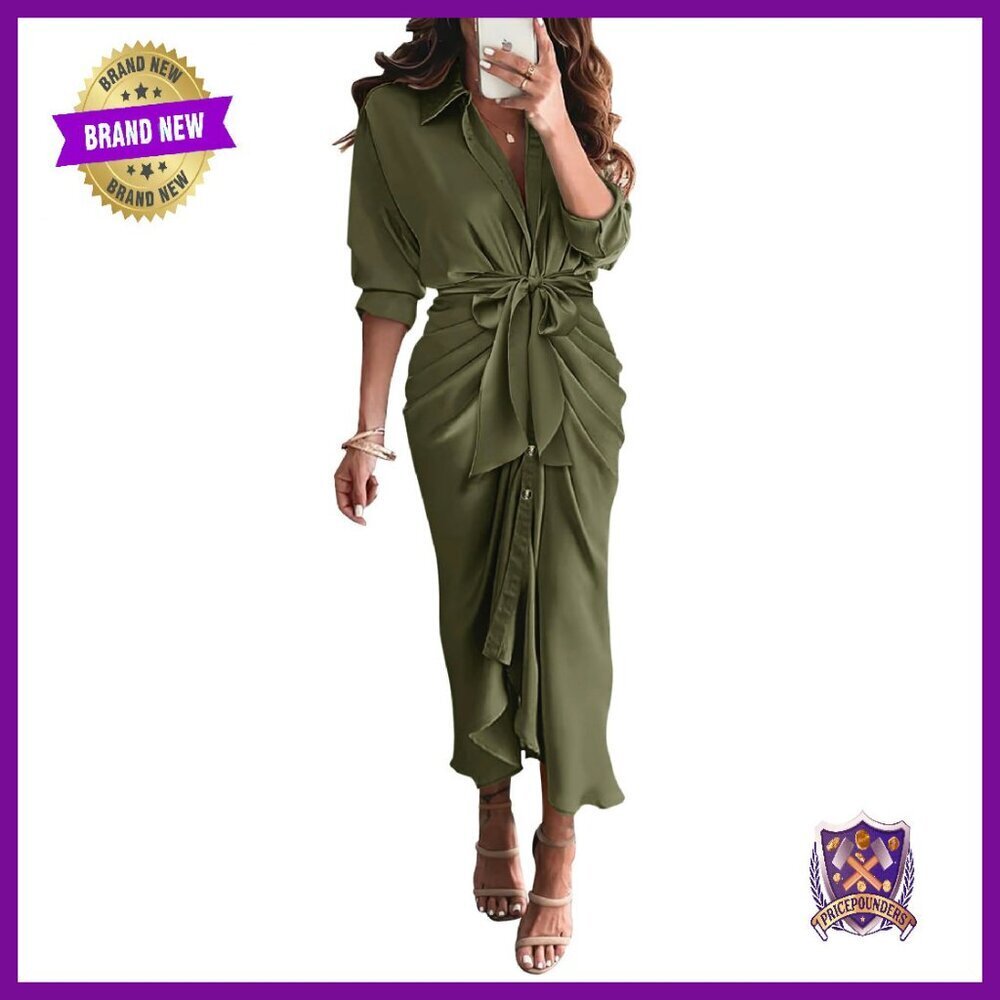 Long Sleeve Satin Shirt Dress with Belt, Ruched, V Neck, Button Down